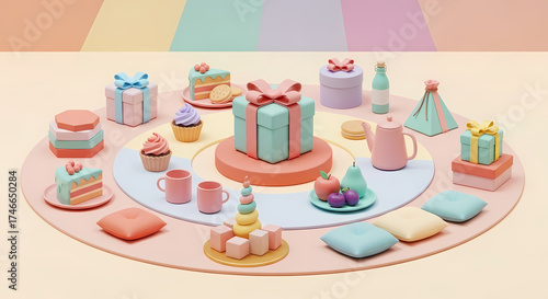 Colorful Pastel Minimalist Christmas and New Year Gifts Fruits Desserts and Tea Set Arranged on a Circular Display Modern Aesthetic









