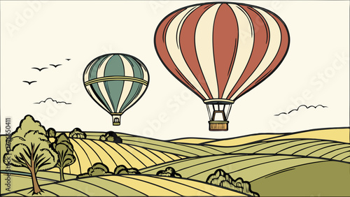 Hot Air Balloons Soaring Over Rolling Hills Vintage Illustration Travel Adventure Landscape Design.