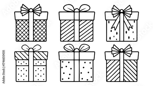 Set of six gift boxes with bows ribbons and decorative patterns in black outline vector style.