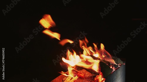 Grill Background, Hot Barbeque Empty Grill Iron Grate, Fired Barbecue Isolated On Black, Fire in slow motion Flaming BBQ Charcoal Grill,