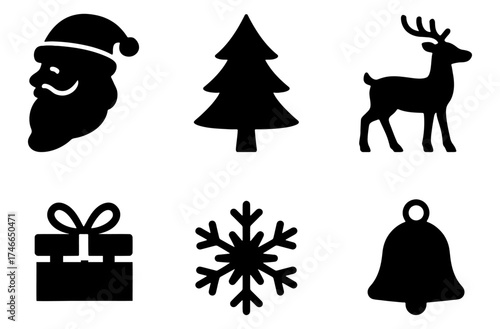 Christmas silhouettes of santa face tree reindeer gift box snowflake and bell black vector illustration.