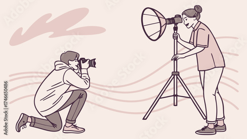 Illustration of a photography photoshoot with lighting equipment and two photographers.