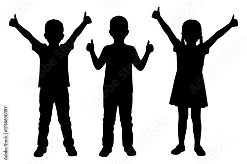 Silhouette of three happy children two boys and one girl with raised arms and thumbs up.