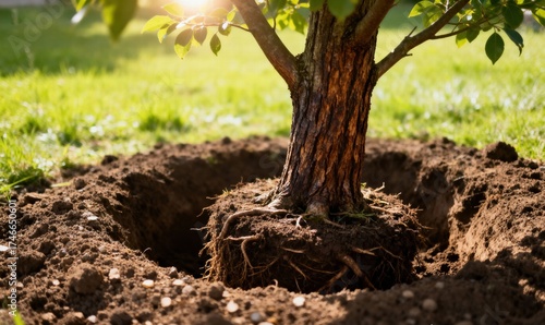 A close-up of a young tree with exposed roots being prepared for planting in a dug hole