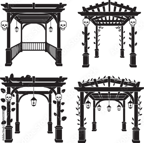 Halloween Inspired Pergola Set with Skulls and Lanterns Creating a Spooky Garden Decor Vector Illustration for Autumn Season