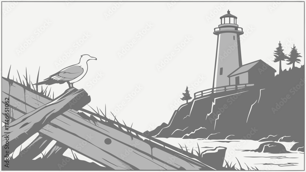 Fototapeta premium Lighthouse Seascape Illustration Coastal Scene with Bird and Cliffside Tower.