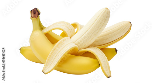 Peeled Banana Cluster, Ripe and Isolated on White