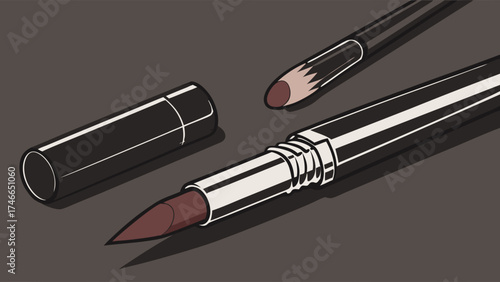 Lipstick Lip Liner Makeup Brush Cosmetic Products Beauty Accessories Flatlay Still Life Vector Illustration Graphic Design Trendy Colors Fashionable Cosmetics Make-up Essentials Beaut.