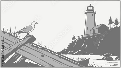 Lighthouse Seascape Illustration Coastal Scene with Bird and Cliffside Tower.