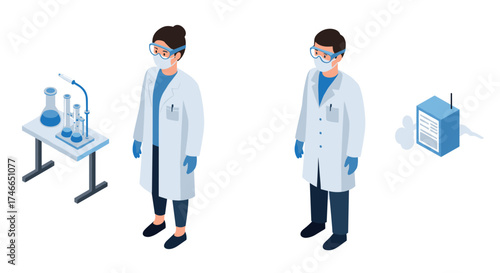 Isometric scientists conducting experiments in laboratory with equipment