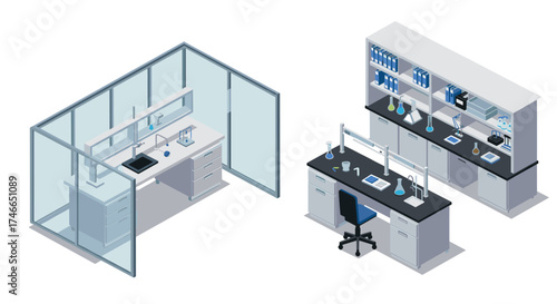 Modern isometric science laboratory with equipment and workspaces for research