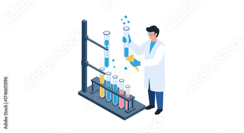 Scientist in lab coat conducting experiment with test tubes in isometric style