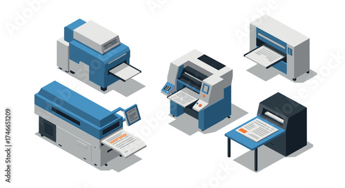 Isometric office printers collection: modern technology in 3d design