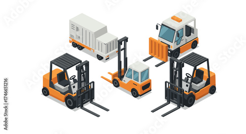 Isometric forklift truck set: industrial logistics and cargo equipment