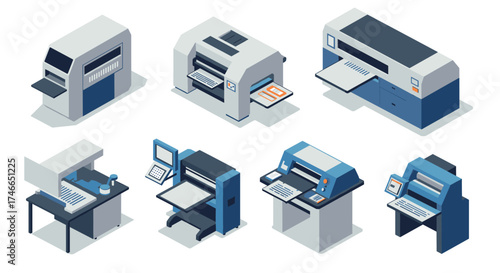 Isometric industrial printing machines set with modern technology design elements