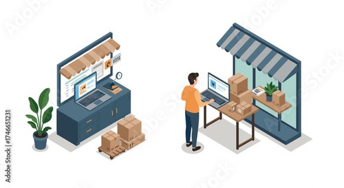 Isometric home office and small business setup with computers and cardboard boxes