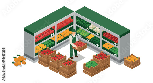 Isometric grocery store scene with fresh produce and worker in uniform