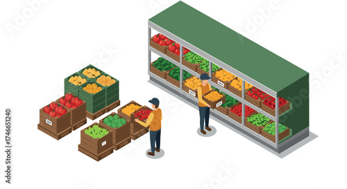Isometric supermarket produce section with shelves and crates of fresh fruits and vegetables