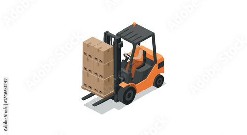 Isometric forklift transporting cardboard boxes in warehouse setting