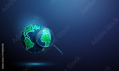 3d Earth under a magnifying glass. Global analysis, research, environmental monitoring, geospatial mapping, green energy, sustainability concept.