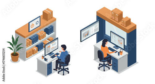 Isometric home office setup with employees at desks and technology