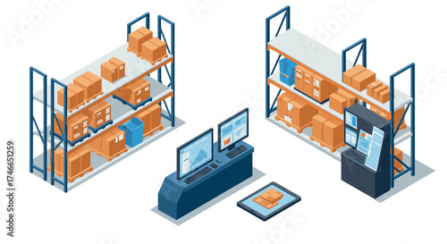Warehouse management with automated inventory and shipping solutions in isometric design