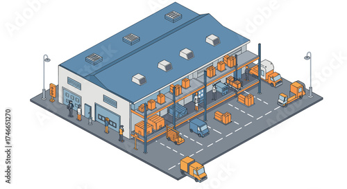 Modern isometric warehouse logistics with vehicles and workers