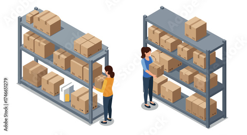 Warehouse inventory management with isometric shelving and packaging boxes