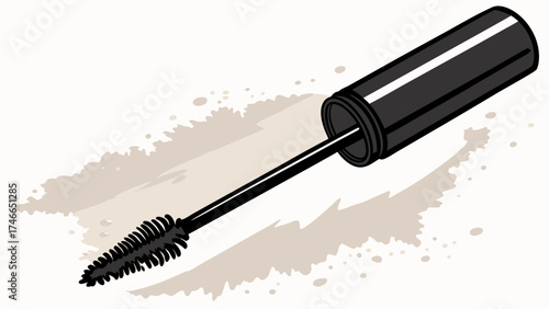Mascara wand with cosmetic product splatter beauty makeup brush applicator black tube isolated vector illustration.