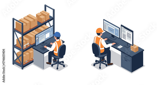 Isometric warehouse and office environment with workers on computers managing inventory