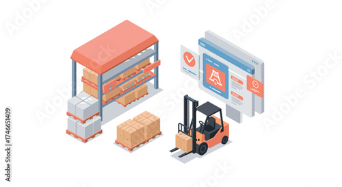 Isometric warehouse scene with forklift and stacked boxes for logistics