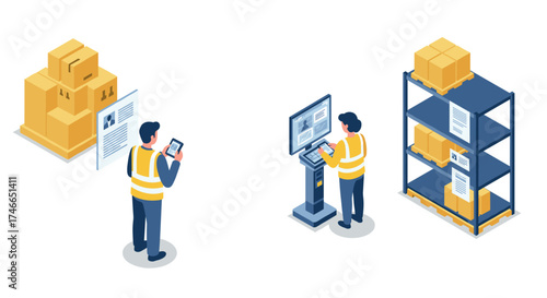 Warehouse management process with workers using digital devices in isometric style