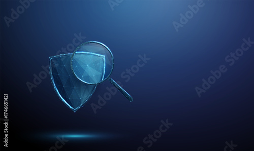 3d blue shield under a magnifying glass. Security, protection, safety, defense, risk assessment, quality control, cybersecurity concept.