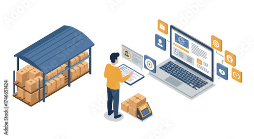 Isometric warehouse management system with laptop and digital inventory tools