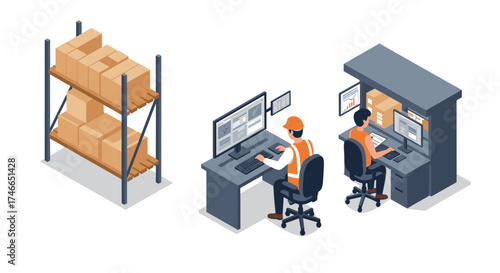 Warehouse inventory management isometric design with workers at computers
