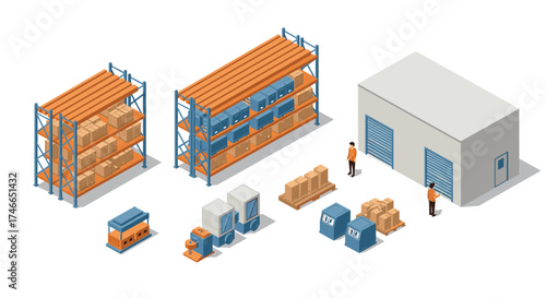 Isometric warehouse scene with storage racks, forklifts, and cardboard boxes
