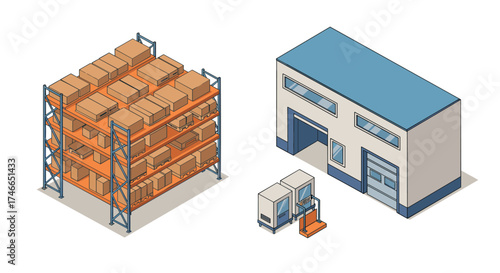Isometric warehouse rack and building with forklift and boxes