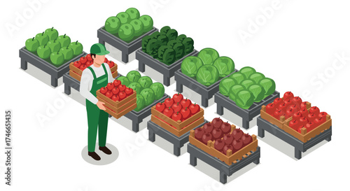 Isometric farmer arranging fresh produce on market stalls