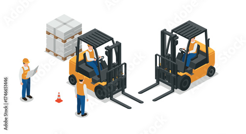 Industrial warehouse operations with forklifts and workers in isometric style
