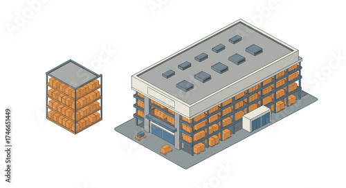 Isometric warehouse building with exterior pallet storage