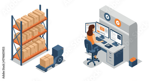 Warehouse operations and remote work in isometric style