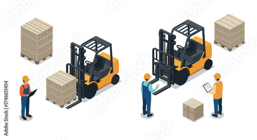 Warehouse logistics with forklift operators and pallets in isometric design