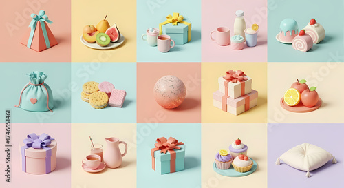 Colorful Pastel Minimalist Grid with Christmas Gifts Fruits Desserts Tea Set and Holiday Decorations Modern Aesthetic Collection








