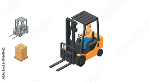 Isometric forklift with operator and pallet boxes in warehouse setting