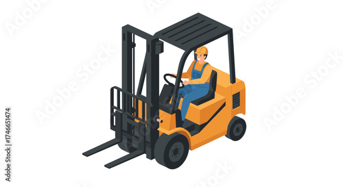 Isometric forklift with driver in hard hat on white background
