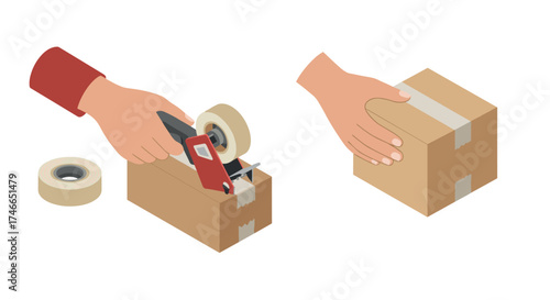 Step-by-step package sealing with tape dispenser in isometric style
