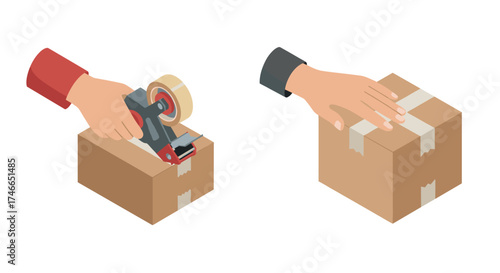 Isometric hands sealing cardboard boxes with tape dispenser on white background