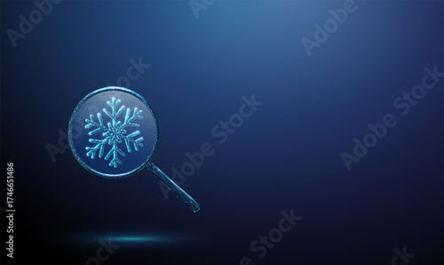 3d blue magnifying glass with snowflake inside Cold analysis, weather monitoring, climate research, winter observation, environmental study concept