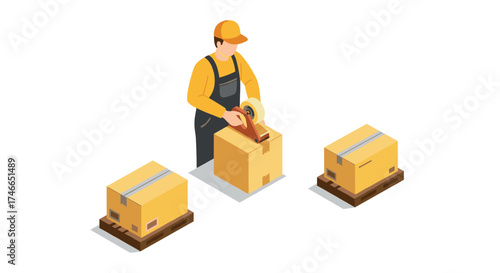 Worker packing boxes in warehouse setting with isometric design