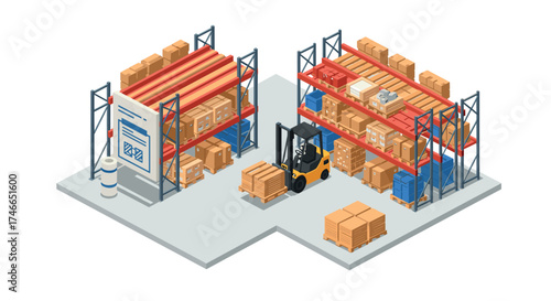 Modern isometric warehouse storage with forklift and shelves full of boxes